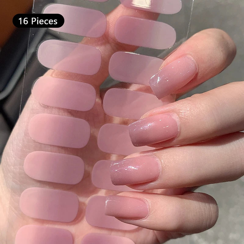 Pink Glitter Design Baking-free Nail Stickers French Style Solid Color Adhesive Full Cover Nail Strip Slider DIY Manicure Decals