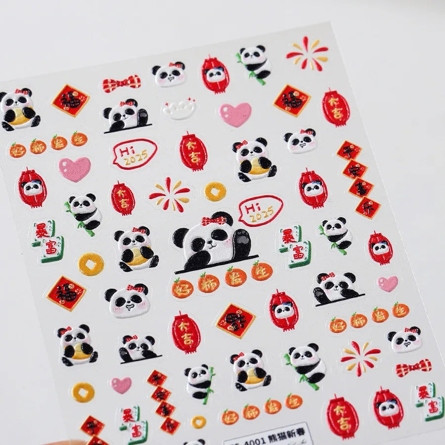 1pcs 5D Embossed Chinese Bamboo Panda Design Nail Art Kawaii Stickers Self-adhesive Transfer Nail Decorations Slider Decals DIY