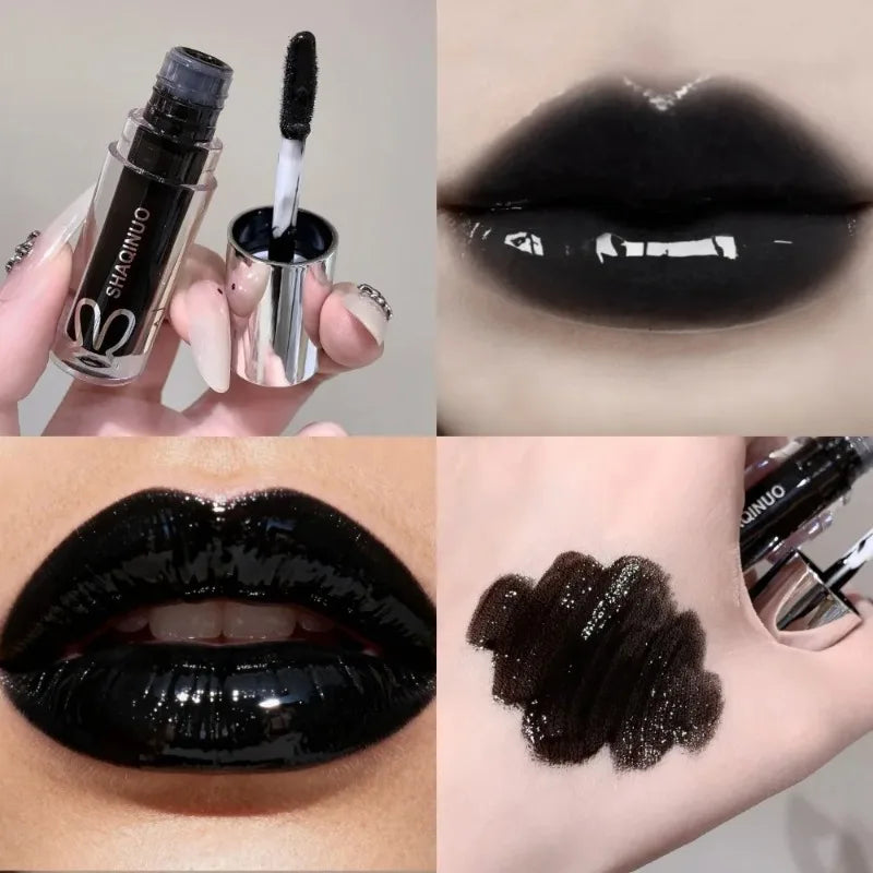 Black Gothic Lip Gloss Mirror Moist Matte Gothic Pure Black Silver Fine Flash Lip Glazed Low Saturation Lasting Lip Tint Makeup