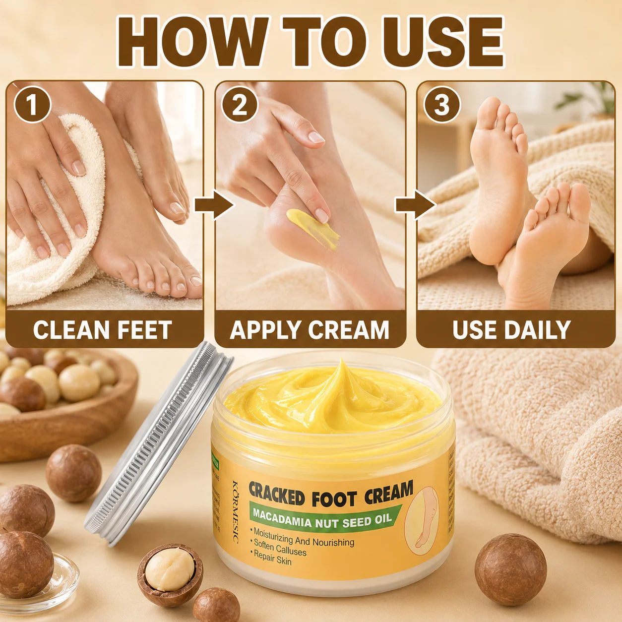 Foot Repair Cream for Dry Cracked Heel Macadamia Nut Seed Oil Moisturizing Foot Balm Callus Softener Rough Heel Smooth Feet Care