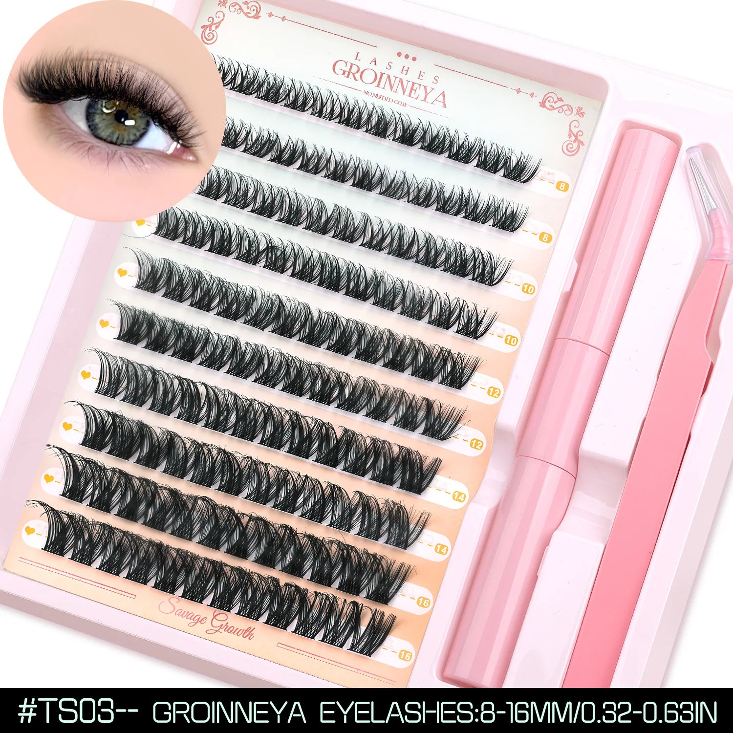 GROINNEYA Fluffy Lash Clusters Kit With Waterproof Strong Hold DIY Lash Extension Kit Lash Bond & Seal & Eyelash Tweezers Makeup
