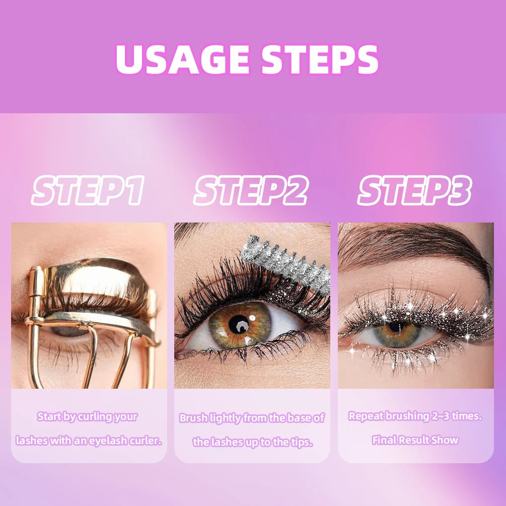 QIBEST Sliver Gold Purple Glitter Mascara Quick Dry Lasting Waterproof Curling Thick Shiny Eyelash Diamond Mascara 3 Colors