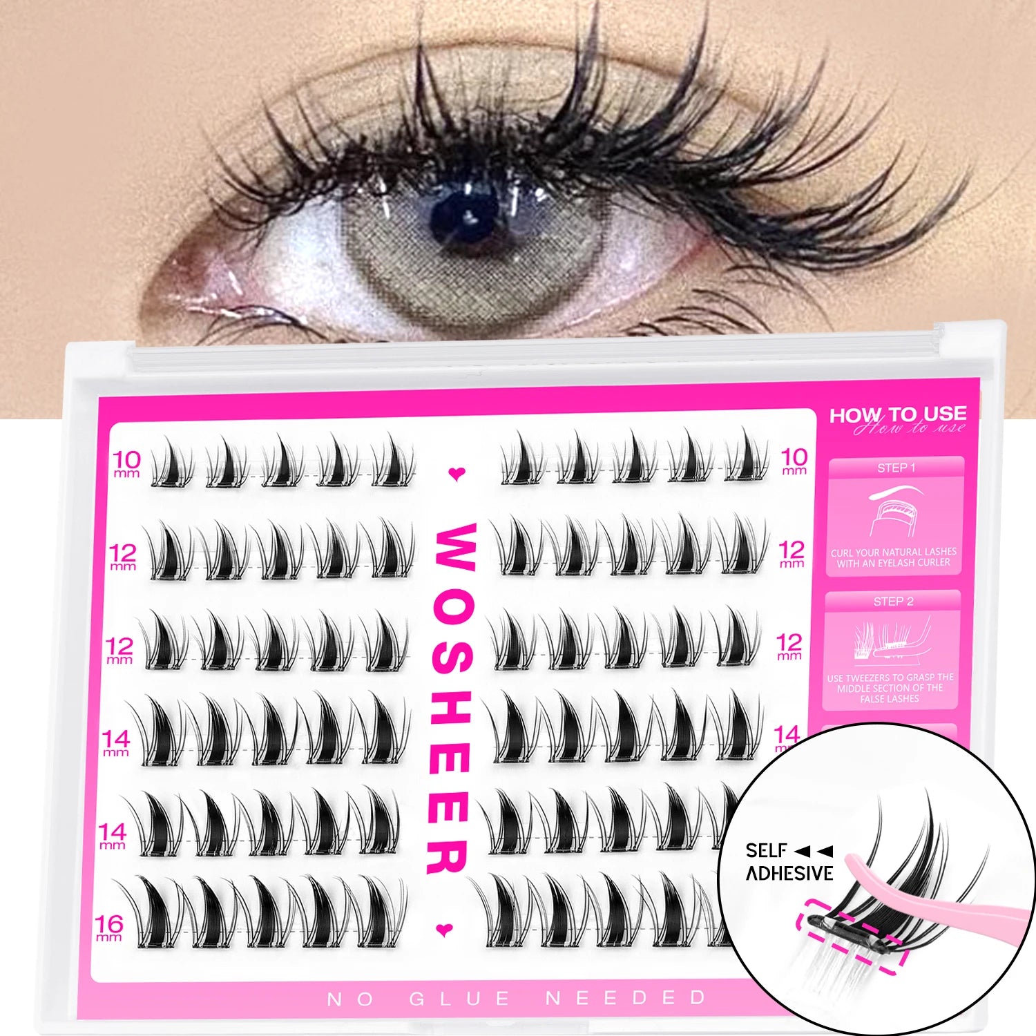 WOSHEER Self Adhesive Lash Clusters Pre Glued Eyelash Clusters No Glue Needed Lashes Wispy Eyelash Extensions Individual Lashes