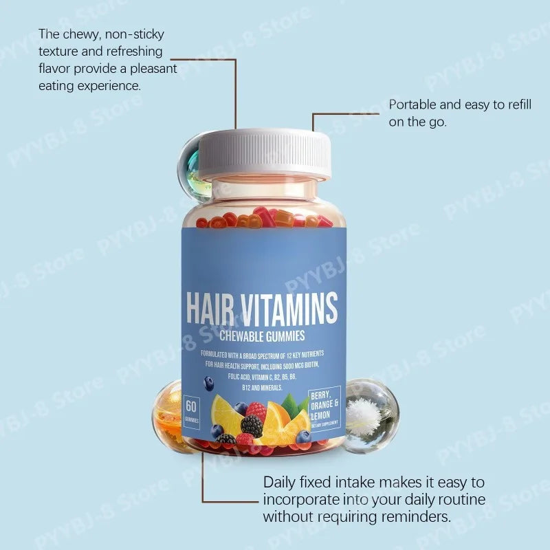 60 Count Hair Vitamin Gummie with 500mg Biotin and Multivitamin Promote Healthy Hair & Nail Growth Daily Nutritional Supplement