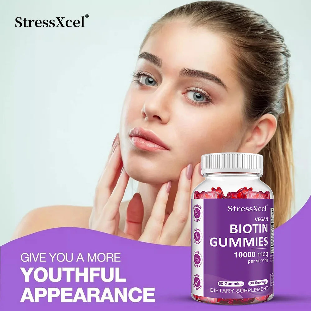 Hair, Skin & Nails Gummies - with Biotin - Promotes Hair Growth, Nourishes Skin, Strengthens Nails, Non-GMO, Strawberry Flavor