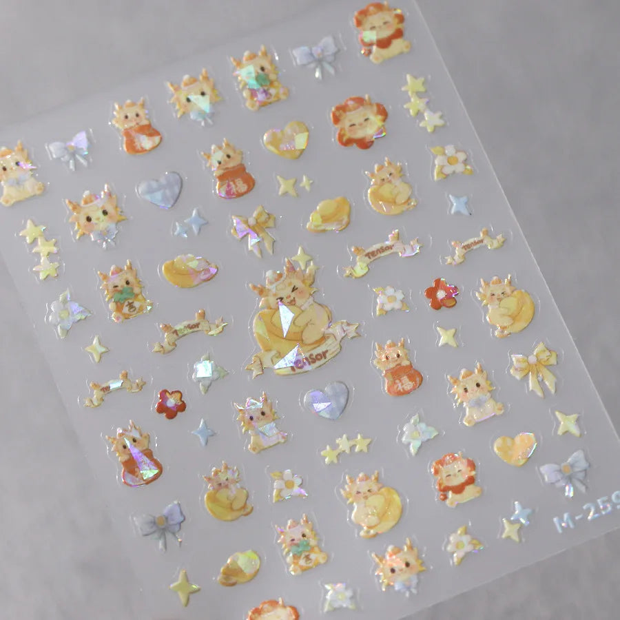 5D Kawaii Ink Wash Fairy Fox Dragon Loong Nail Art Stickers Cartoon Star Animals Backglue Nail Decoration Decals Accessories