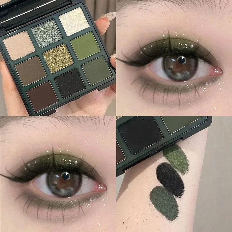 9 Colors Olive Green Eyeshadow Palette Punk Smokey Style Pearlescent Shimmer Matte Eyeshadow Powder Makeup Palette Eye Cosmetics