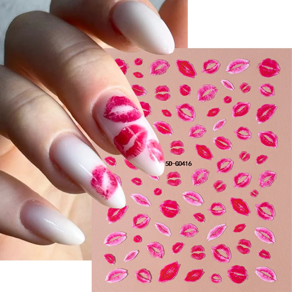 2pcs Valentines 3D Red Lips Print Nail Art Stickers Pink Kisses Nail Decals Adhesive Slider Valentine's Day Manicure Accessories