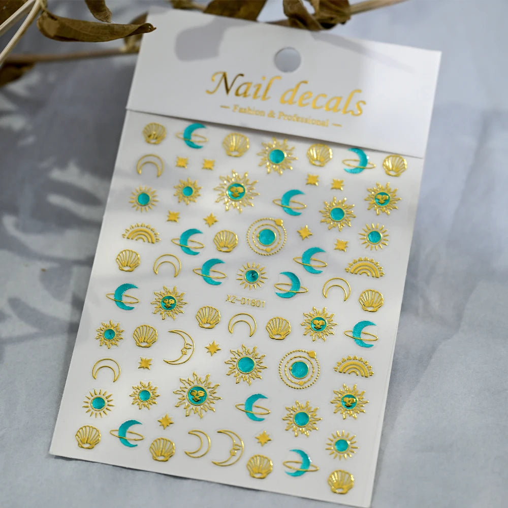 5D Gold Snake Star Moon Nail Art Stickers Lake Blue Gem Love Heart Nail Decal Y2 Holographic Metal Evil Eye Bohemian Nail Slider