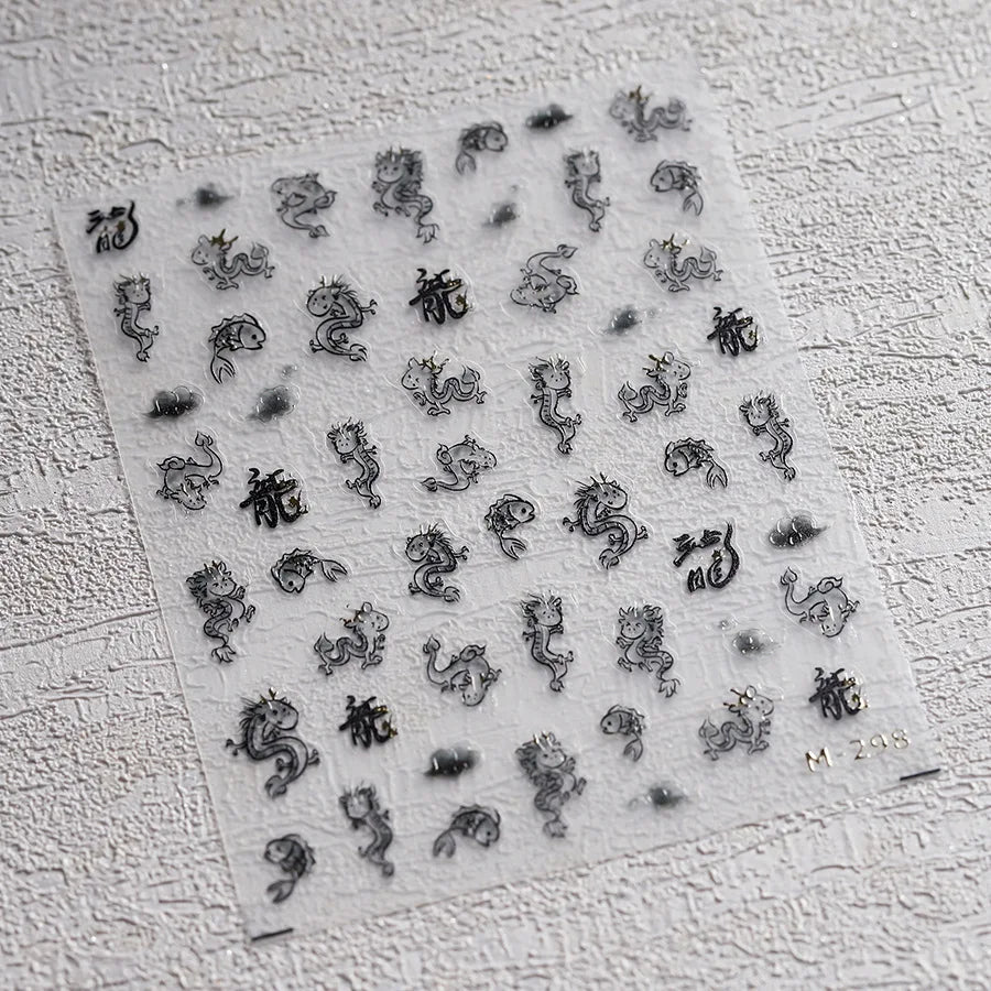 5D Kawaii Ink Wash Fairy Fox Dragon Loong Nail Art Stickers Cartoon Star Animals Backglue Nail Decoration Decals Accessories