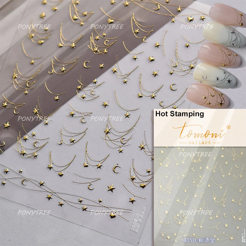 Geometric Lines Star Love Heart Chain Silver Gold Lava Letter Flower Growth Ring Number 5D DIY Nail Art Stickers Manicure Decals