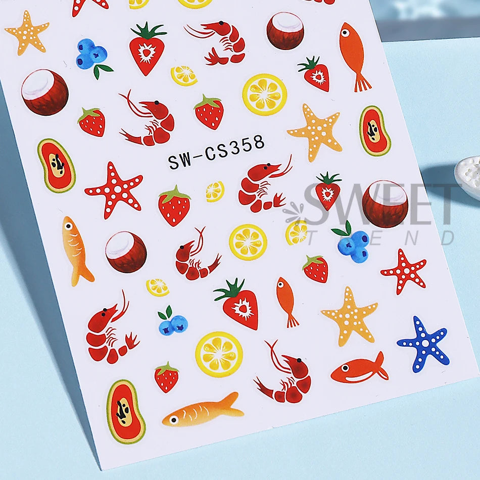 2pcs Mini Fish Nail Stickers Summer Ocean Fish Starfish Lobster Lemon Fruit Self-Adhesive Nail Decals DIY Manicure Decoration