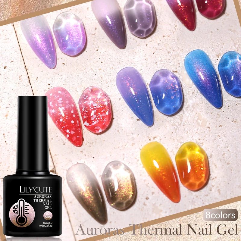 LILYCUTE 7ML Auroras Glitter Thermal Gel Nail Polish Temperature Color Changing Semi Permanent Soak Off Nail Art UV Gel Varnish