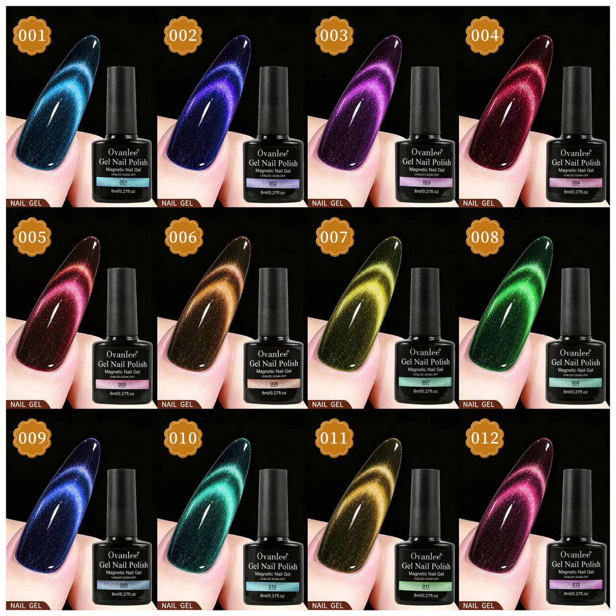 6pc 12 Colors Available Reflective Cat Eye Magnetic Soak-Off UV LED Gel Nail Polish, Fashion Holographic Nail Art Tools For Women