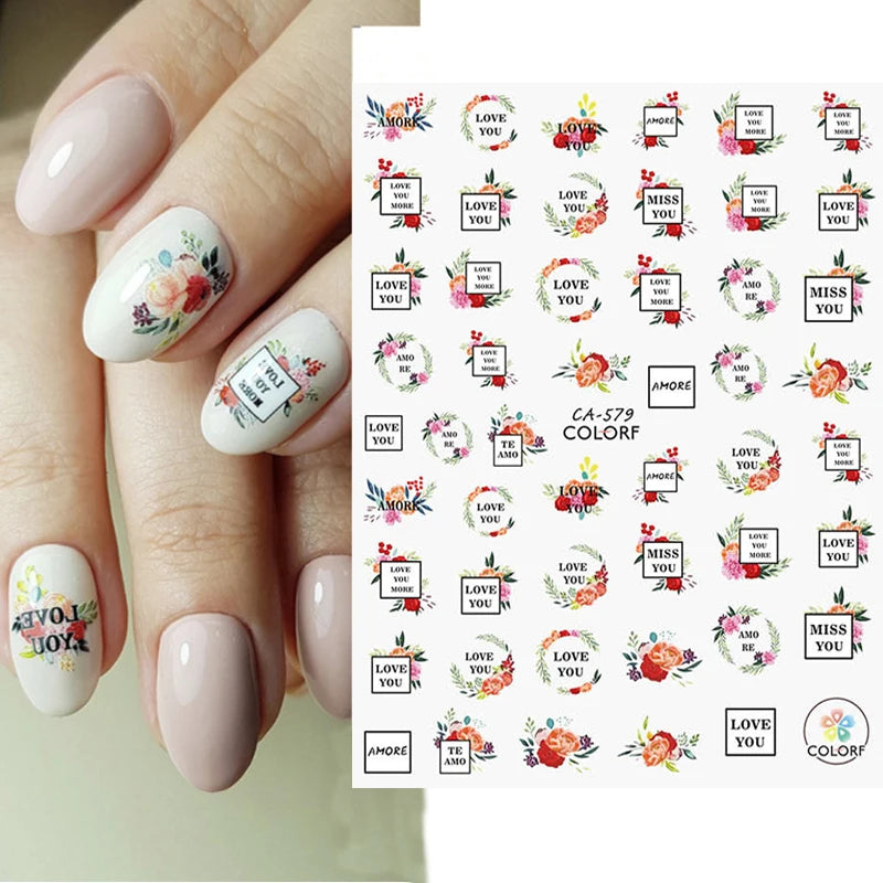 3d Nail Art Decals Geometric Lines Daisy Sunflowers Letters Adhesive Sliders Nail Stickers Decoration For Manicure