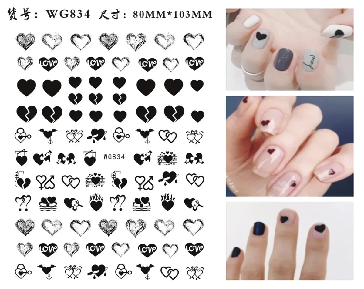 1PCS Black White Love Nail Stickers Letter Nail Design Flower Print Supplies Nail Art Decals Suitable For Women's Manicure