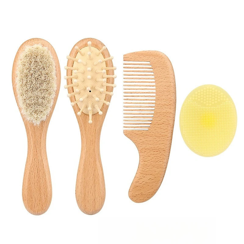 4pcs Baby Brushes Comb Set Wooden Natural Ultra Soft Goat Baby Hair Massage Brush for Newborn Hair Combs Set for Boy Girl