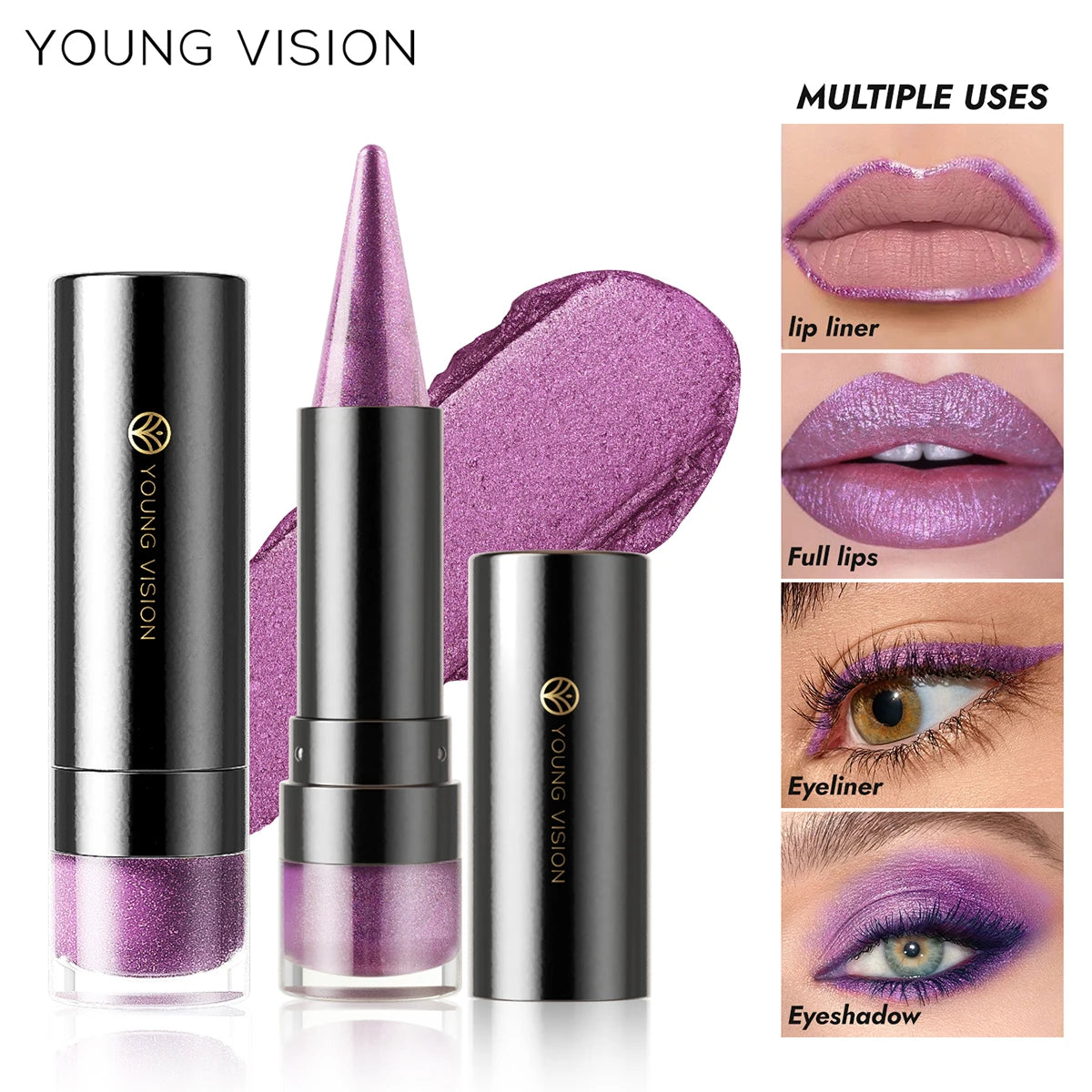 YOUNG VISION Dual-Finish Lipstick Pointed Tip 6 Colors Matte Pearl Shimmer Waterproof Kiss-Proof Non-Transfer