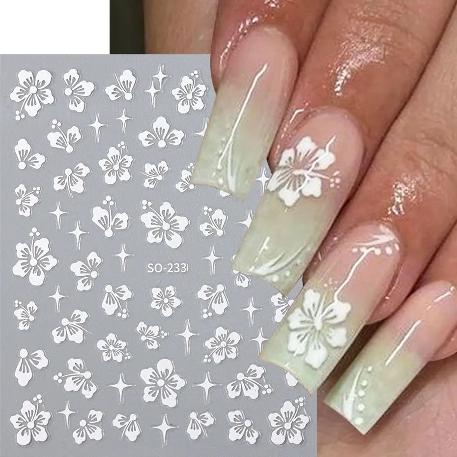 4pcs Hibiscus Flower Nail Art Sticker 3D White Pink Floral Decal Y2K Gold Silver Petal DIY Romantic Self-Adhesive Manicure Decor