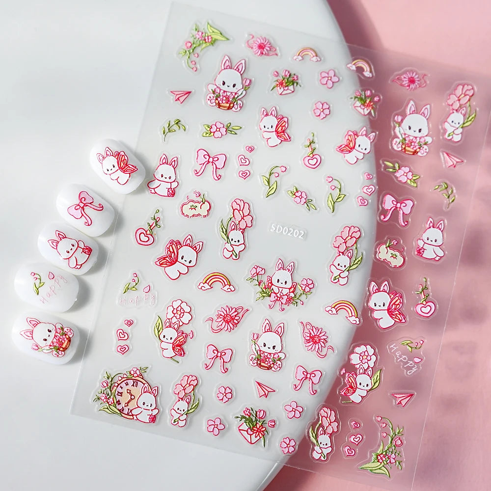 5D Lovely Panda Animal Nail Stickers Bunny Korean Cartoon Relief Self Adhesive Nail Art Stickers Cute Pretty Smile Star Manicure
