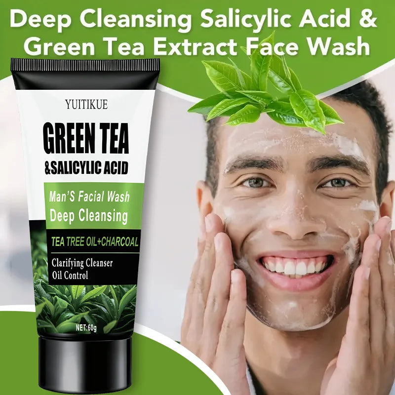 WaterIceLevin Green Tea Salicylic Acid Mens Facial Wash Deep Cleansing Oil Control Tea Tree Charcoal Refreshing Gentle Cleanser