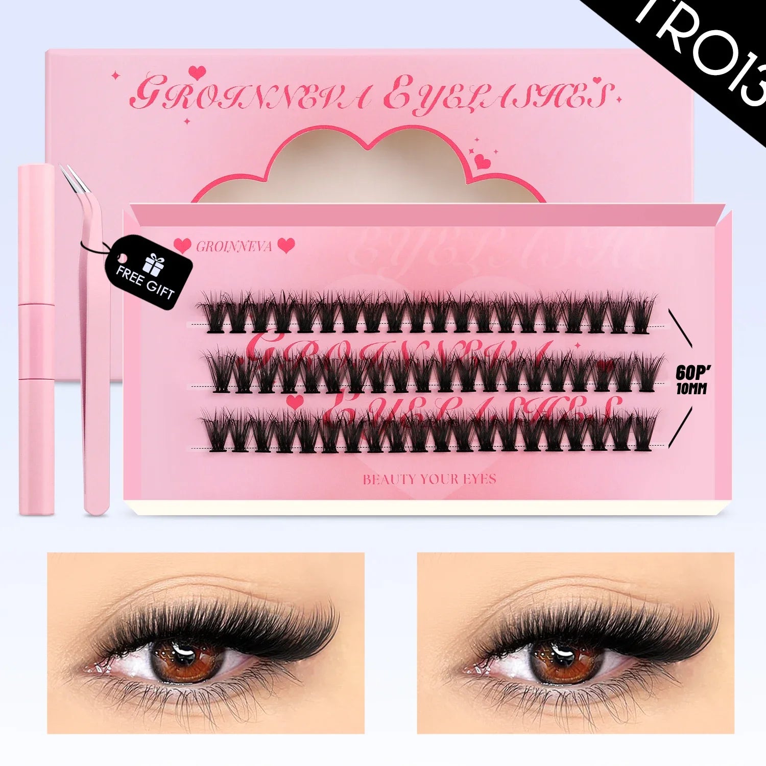 GROINNEYA Lash Clusters Kit Fluffy Individual Lashes C Curl Cluster DIY Lash Extension Kit Lash Bond and Seal Eyelash Extensions
