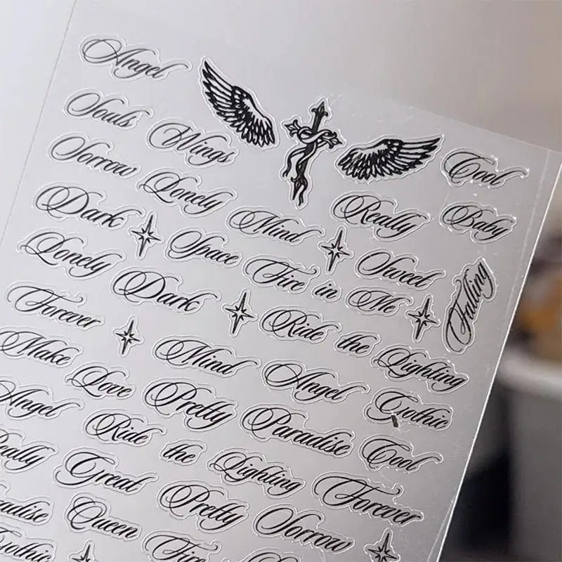 Angel Wings Letter Nail Stickers Black White 3D Alphabet Mixed Patterns DIY Nail Art Decoration for Nails