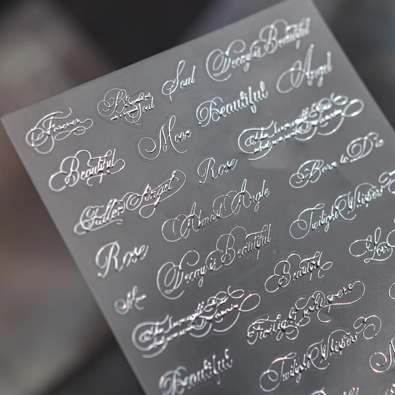 Silver Foil Script Beautiful Rose Moon Forever 5D Nail Art Stickers Cool Elegant Calligraphy Words Embossed Nail Decal Manicure