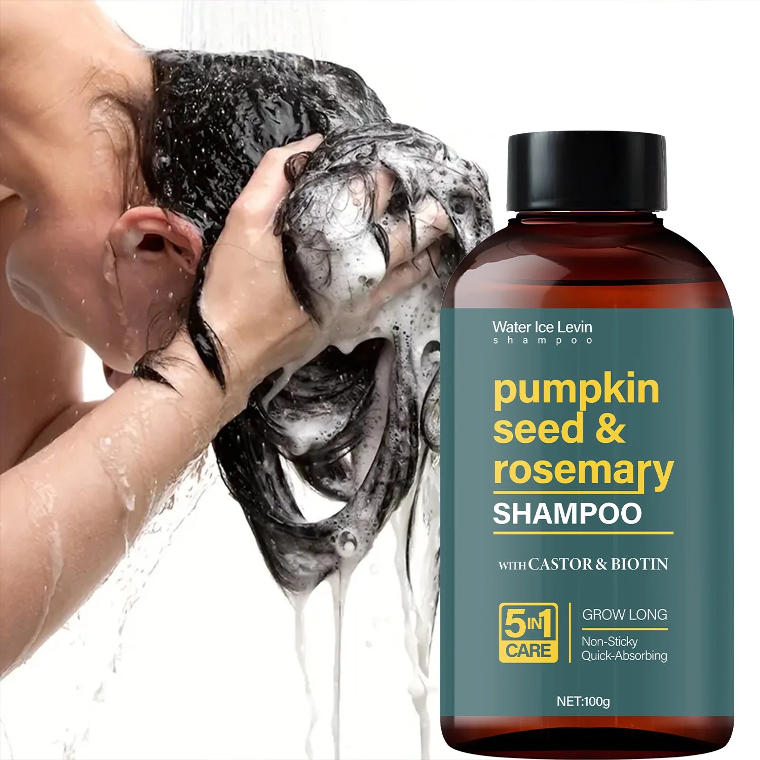 Water Ice Levin Pumpkin Seed & Rosemary Shampoo with Castor Oil & Biotin for Hair Growth, 5M Care, Non-Sticky Formula
