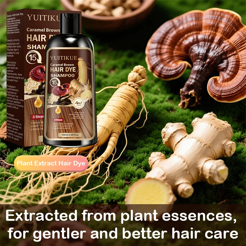 YUITIKUE 4-in-1 Caramel Brown Hair Dye Shampoo 100ml - Natural Instant Color Shampoo with Moisturizing Care