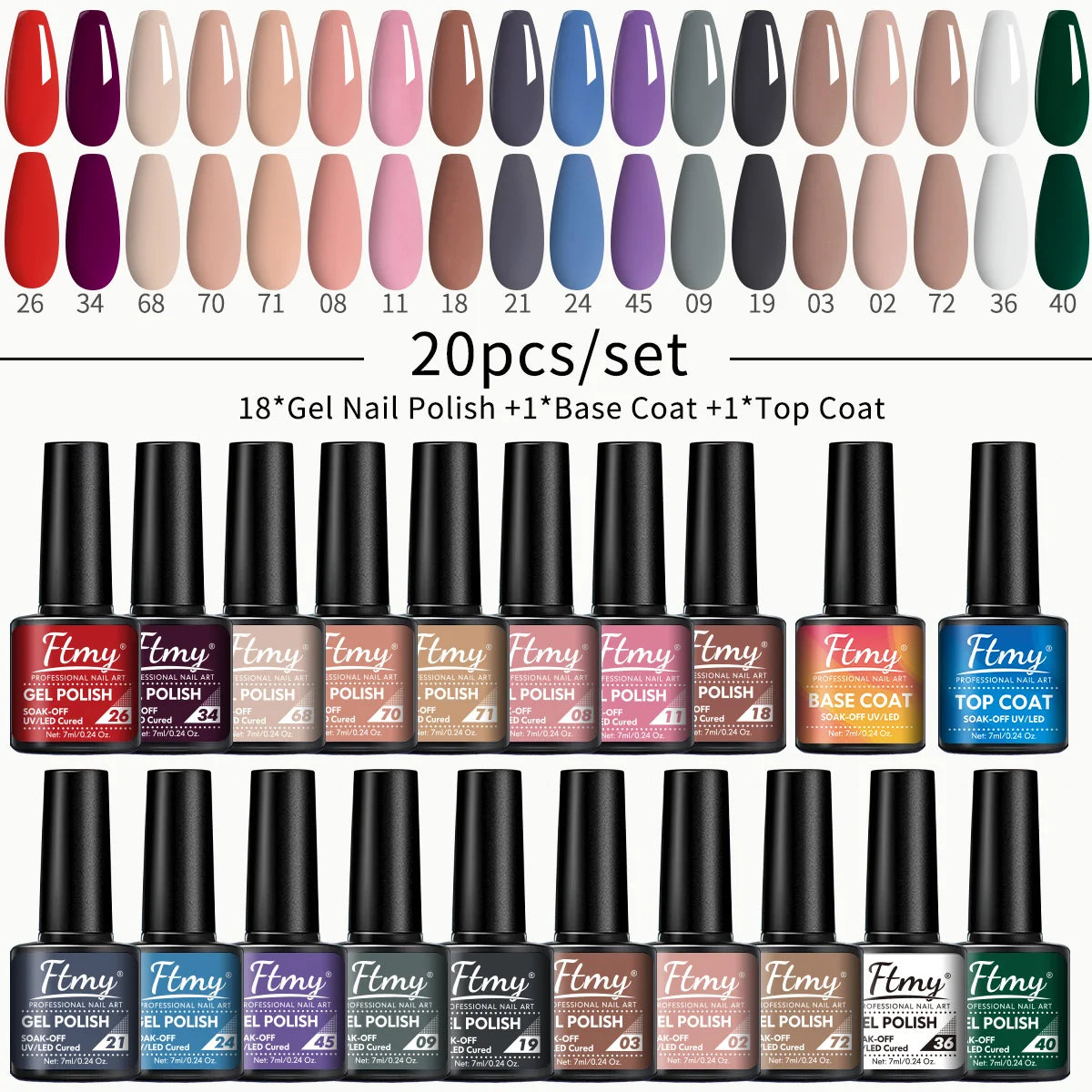 20pcs 7ml Gel Nail Polish Set Popular ColorGel Polish Soak Off UV LED Semi-PemmanentNail Gel Polish Manicure Varnish Dly Starter