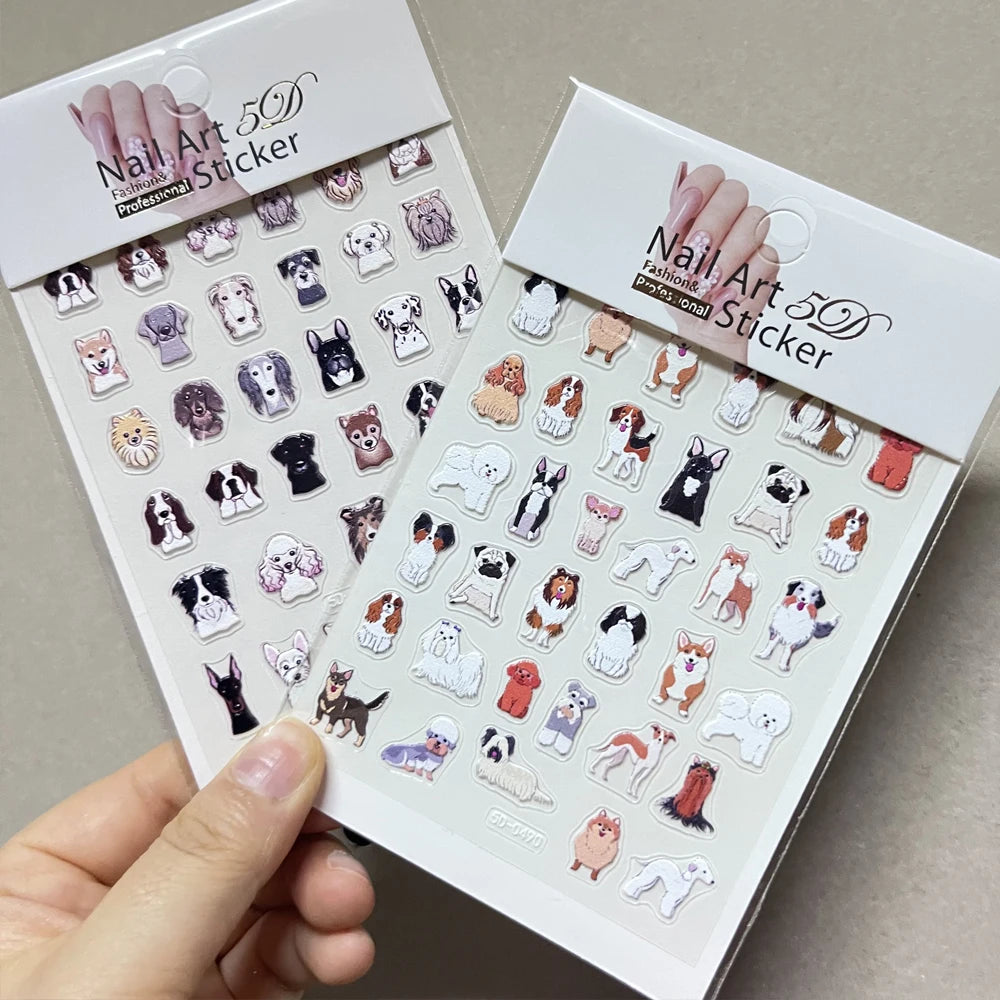 2pcs/Set Happy Dog Nail Decorative Stickers 5D Embossed Cute Cartoon Corgi Pomeranian Puppy Nail Decals DIY Animal Manicure Deco
