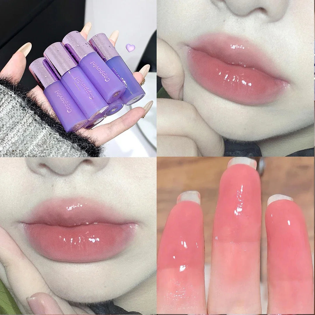 Water Light Lip Gloss Purple Mulberry Mirror Glass Lip Glaze Moisturizing Plump Lip Non Stick Cup Waterproof Long Lasting Makeup