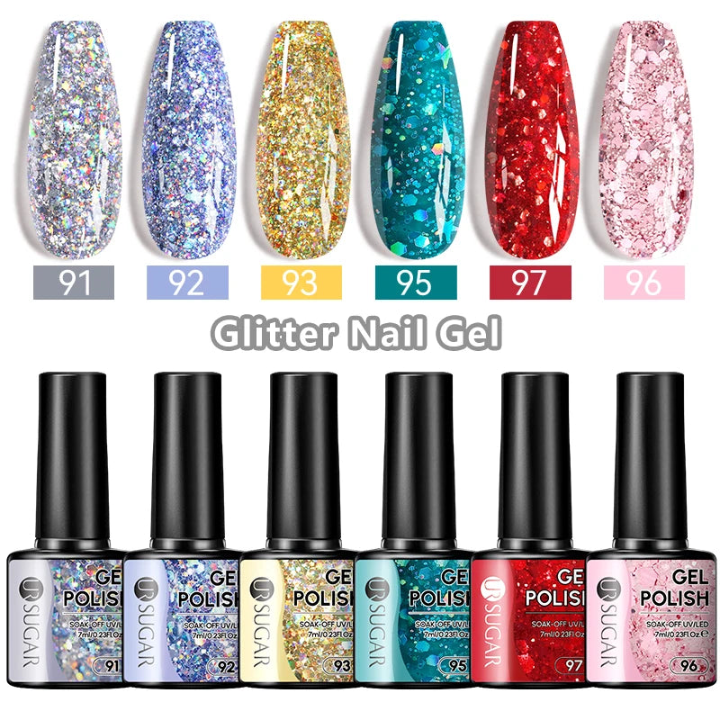 UR SUGAR 7ml Champagne Gold Sequins Gel Nail Polish Bright Sparkling Glitter French Semi Permanent Nail Painting UV Gel