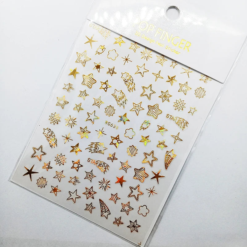 Shiny Gold Star Moon Sun Nail Stickers for Manicure Accessories Heart Feather Animals Printing Self Adhesive Nail Wrap