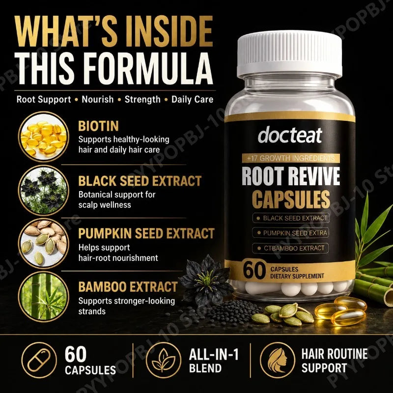 Root Revive Hair Wellness Capsules with Biotin Black Seed Pumpkin Seed Bamboo Supports Healthy Looking Hair Scalp 60 Capsules