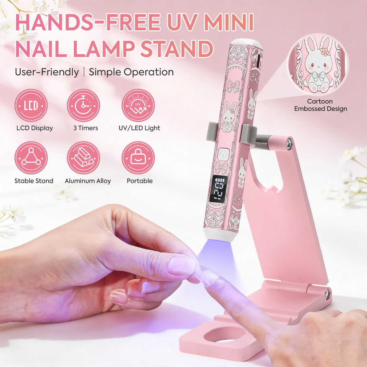 5-in-1 Cute Rabbit UV Nail Lamp Stand, Rechargeable LED Light with 3 Timer Modes, Foldable Stand for Cat Eye & Rhinestone Nails