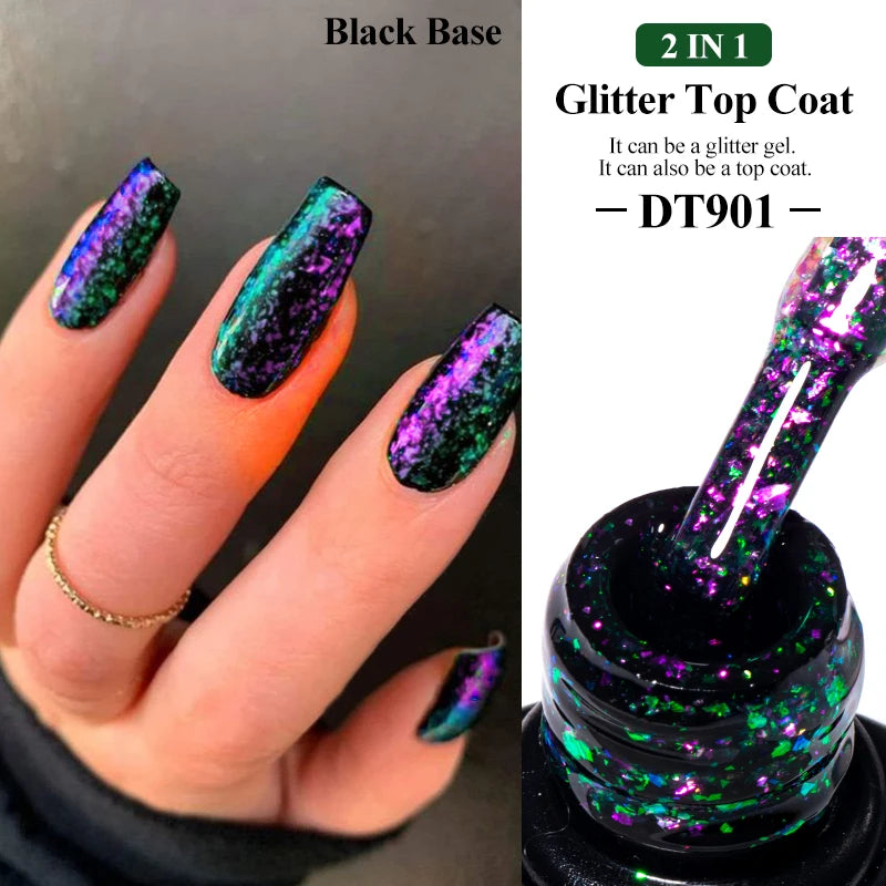 MEET ACROSS 7ml Dark Color Glitter Top Coat Gel For Nails Brocade Powder 2 In 1 Chameleon Nail Art Gel Varnish Manicure