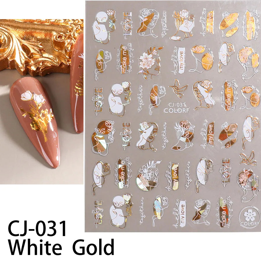 Shiny Gold Star Moon Sun Nail Stickers for Manicure Accessories Heart Feather Animals Printing Self Adhesive Nail Wrap