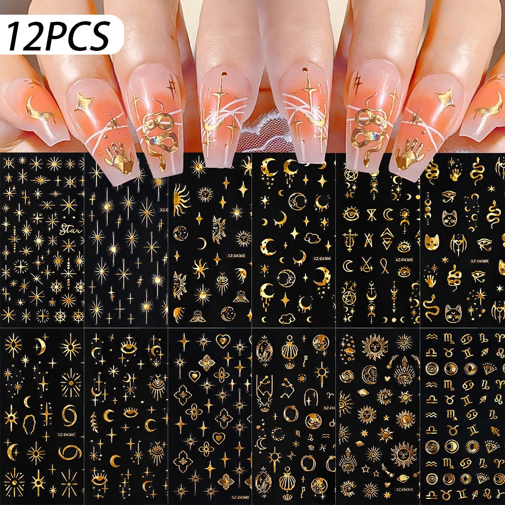 12Pcs 3D Laser Gold Silver Sun Star Moon Nail Stickers Y2K Snake/Starlight/Heart Adhesive Decals DIY Bronzing Nail Sliders