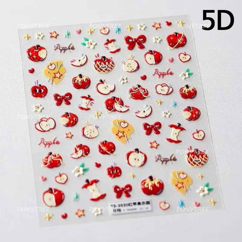 Shiny Attractive Apple Core Peel Cute Fruits Bowknot Tie Star Self Adhesive Nail Art Stickers Charming Rhinestone Manicure Decal