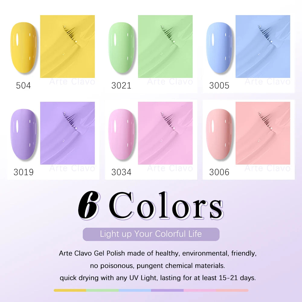 Arte Clavo 15ml Gel Polish Set 6PCS HEMA TPO Free Soak Off UV LED Nail Varnish Kit Long Lasting Manicure Gel for Nail Art Salon