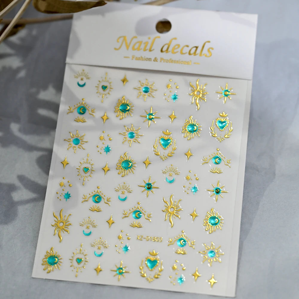 5D Gold Snake Star Moon Nail Art Stickers Lake Blue Gem Love Heart Nail Decal Y2 Holographic Metal Evil Eye Bohemian Nail Slider