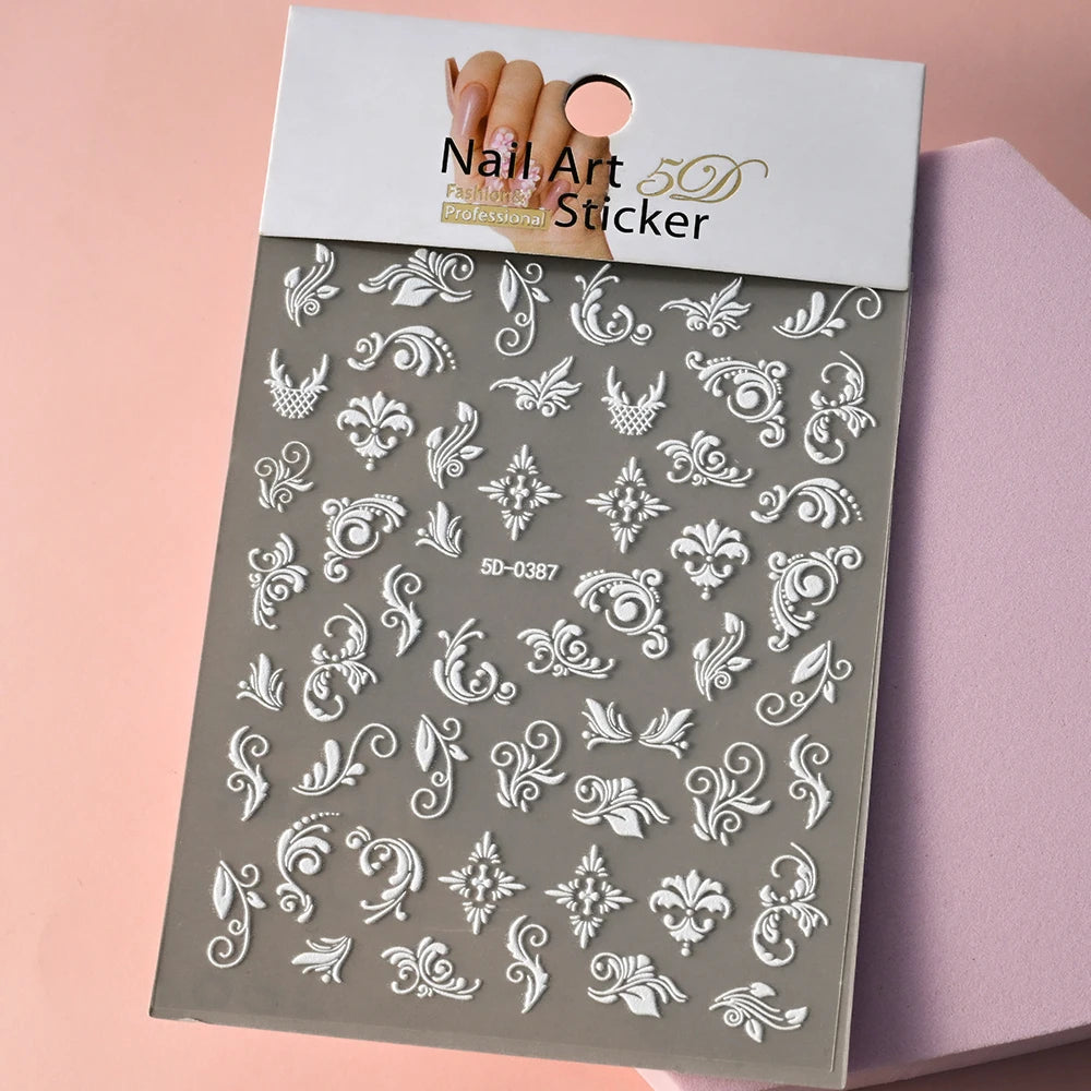 5D White Face Flowers Nail Art Stickers 8x10cm Elegant Wedding Bride White Floret Nail Decal Self-Adhesive Flowers Nail Slider
