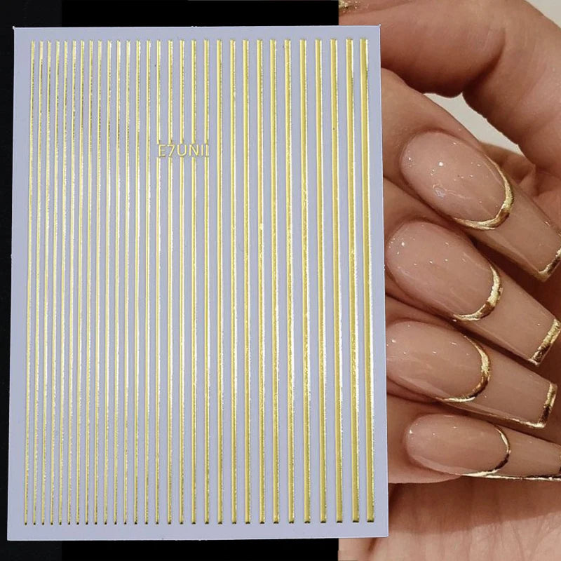3D Nail Stickers Bronzing Gold Silver Lines Stripe Geometric Design Flowers Gradient Adhesive Slider Papers Nail Art Accessories