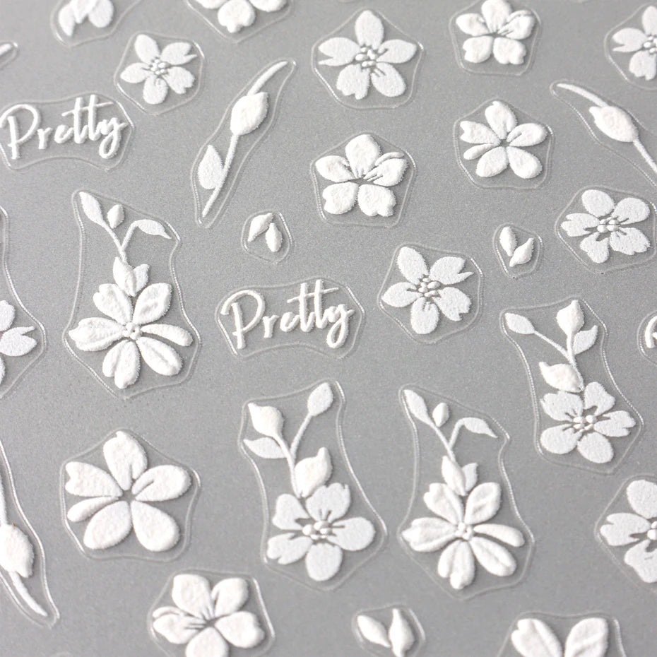 2pcs White Flower 3D Nail Art Stickers Sakura Blooming Florals Leaf Self-Adhesive Nail Decorations Sliders for DIY Manicure