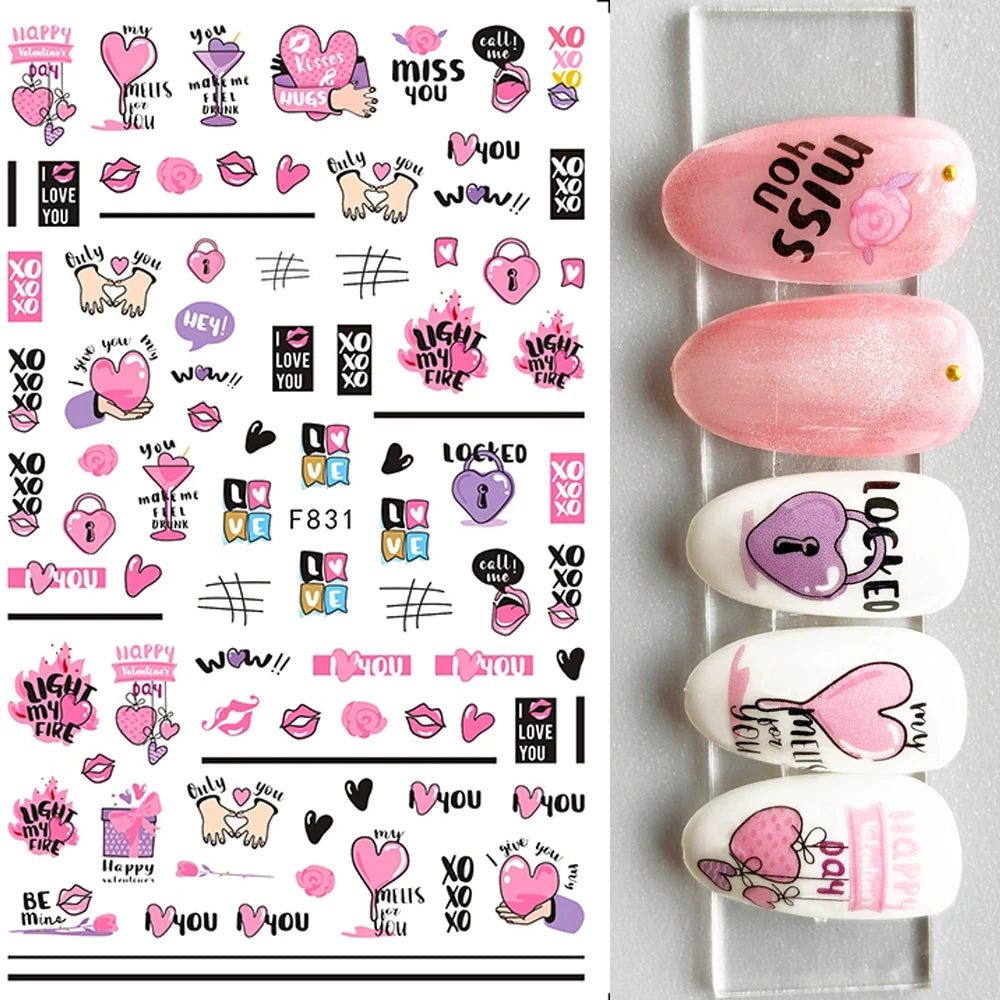 1PCS Black White Love Nail Stickers Letter Nail Design Flower Print Supplies Nail Art Decals Suitable For Women's Manicure