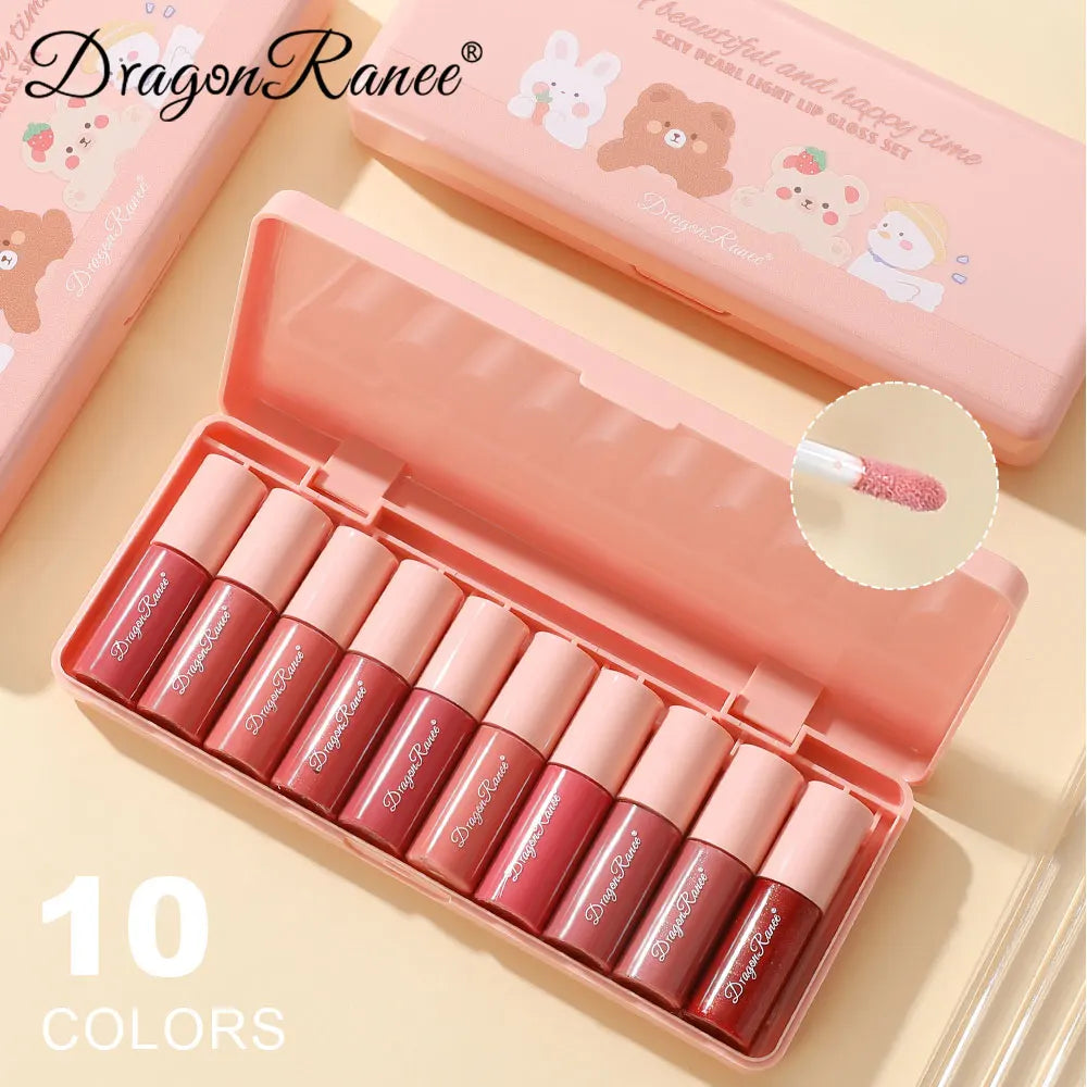 10-Color  Cute Cartoon Mini Mirror Lip Gloss Set, Moisturizing Lip Gloss, Long-Lasting, Fades Lip Lines, Touch-Ups Lipstick