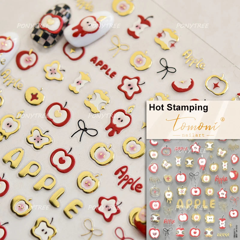 Shiny Attractive Apple Core Peel Cute Fruits Bowknot Tie Star Self Adhesive Nail Art Stickers Charming Rhinestone Manicure Decal