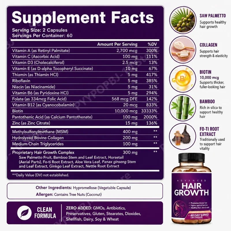 Hair Growth Vitamins for Women Biotin 10000 Mcg Collagen Saw Palmetto Naturally Regrow Skin Nails 60 Day Supply